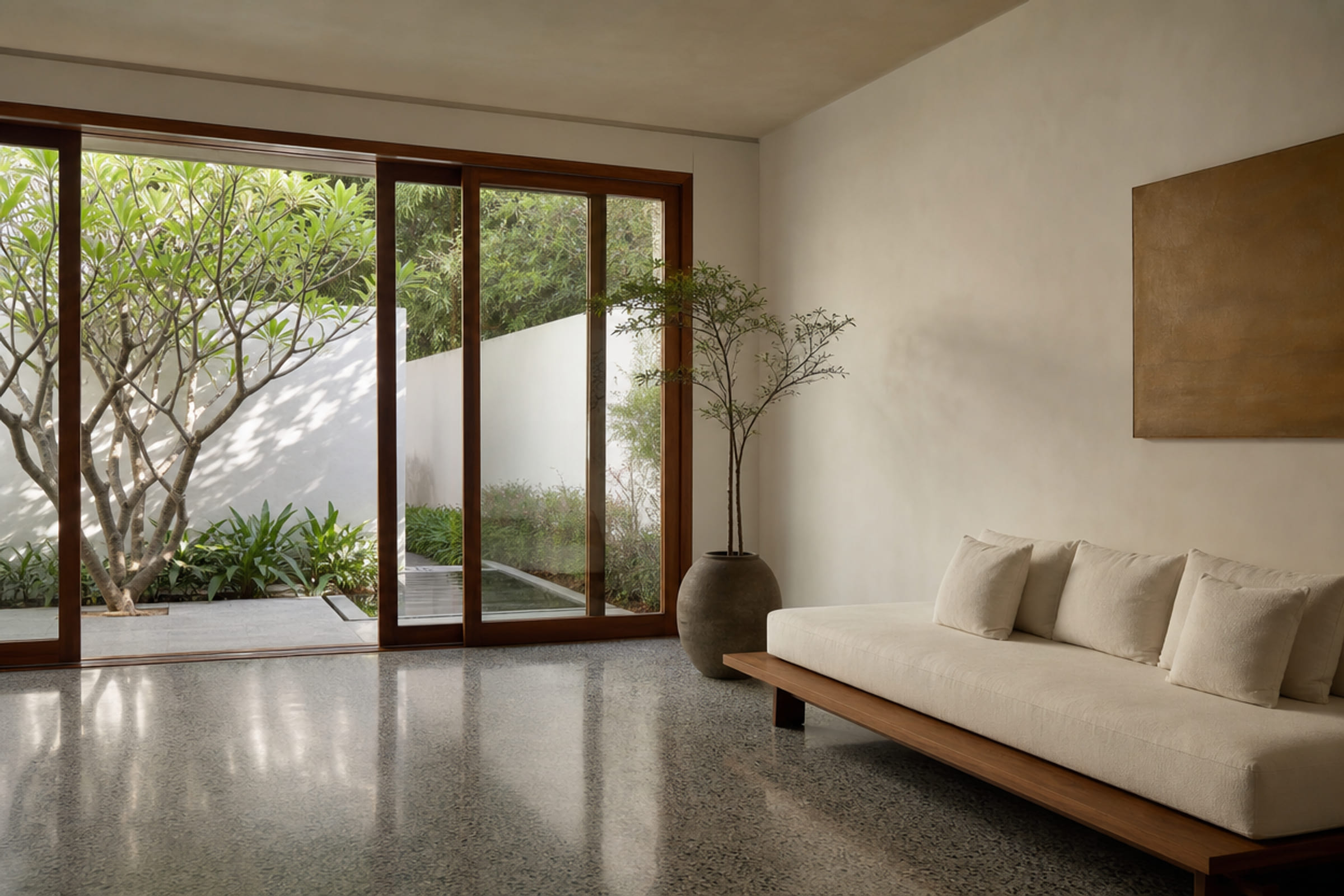 Living room opening onto a planted courtyard