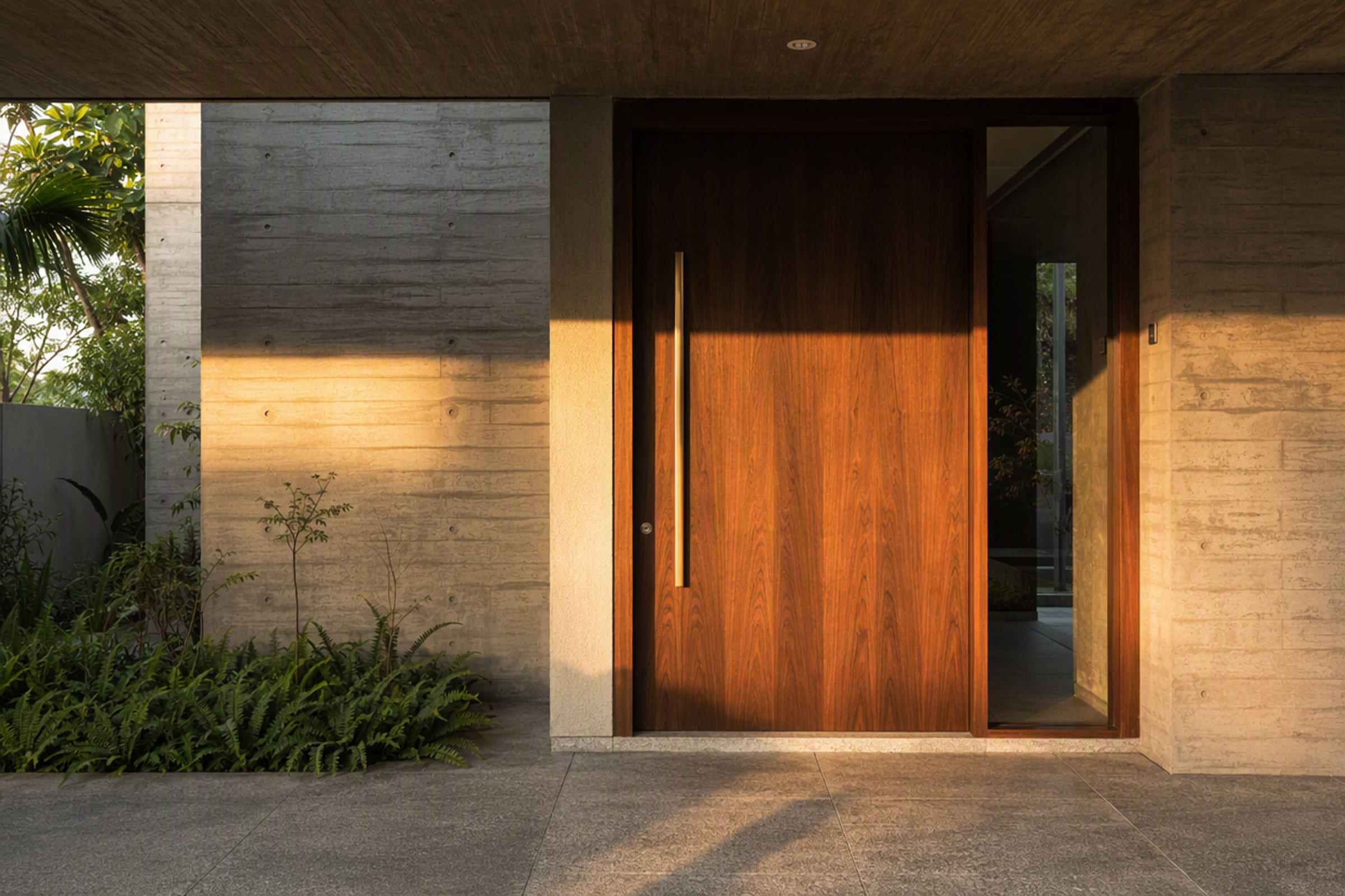 Pivoting timber door set into a concrete plane