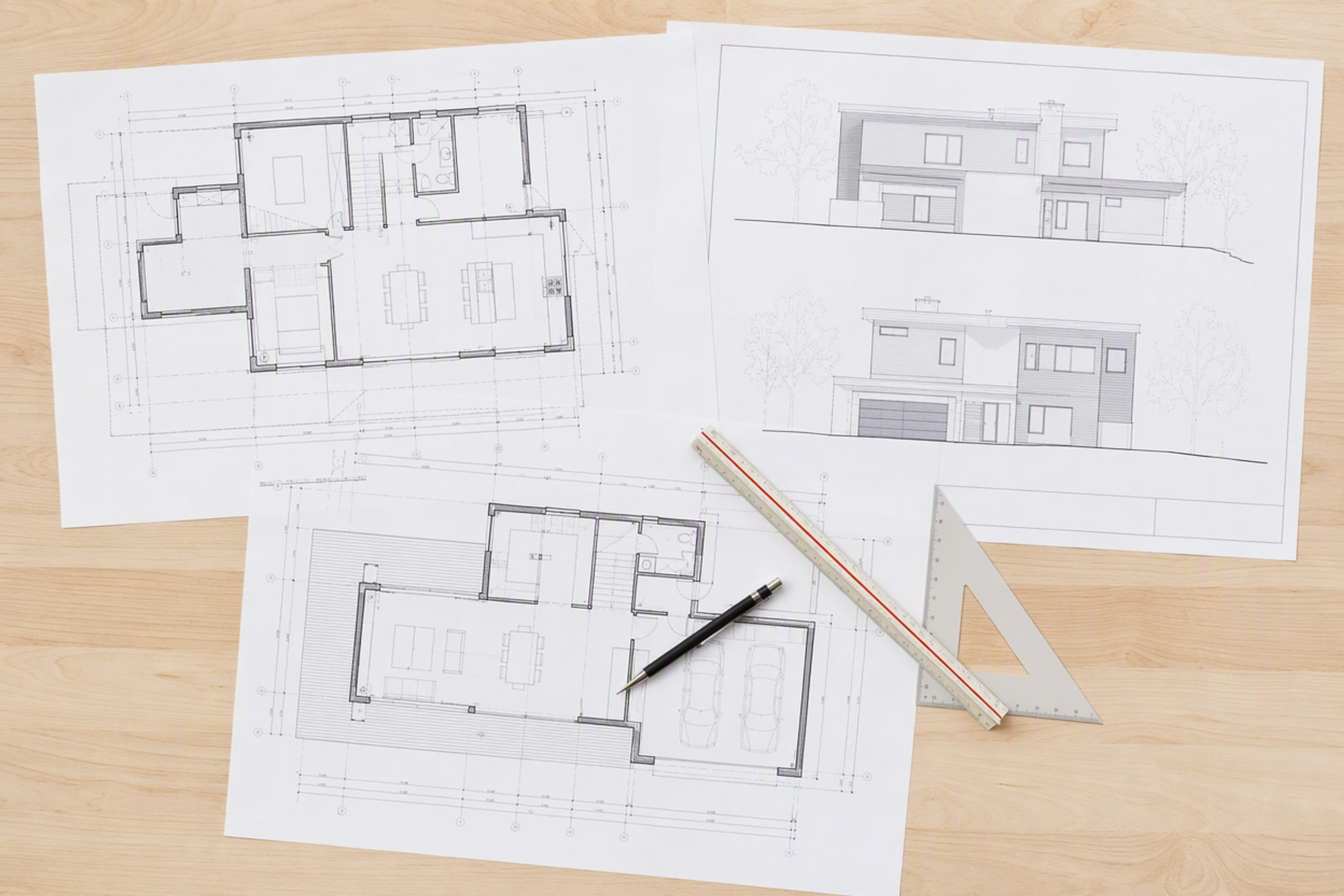 Architectural working drawings laid out on a desk